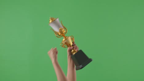 raised hands of a woman are holding a trophy. green screen background