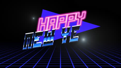 Retro-Frohes-Neues-Jahr-Text-Mit-Neondreieck-Und-Gitter-In-Dunkler-Galaxie