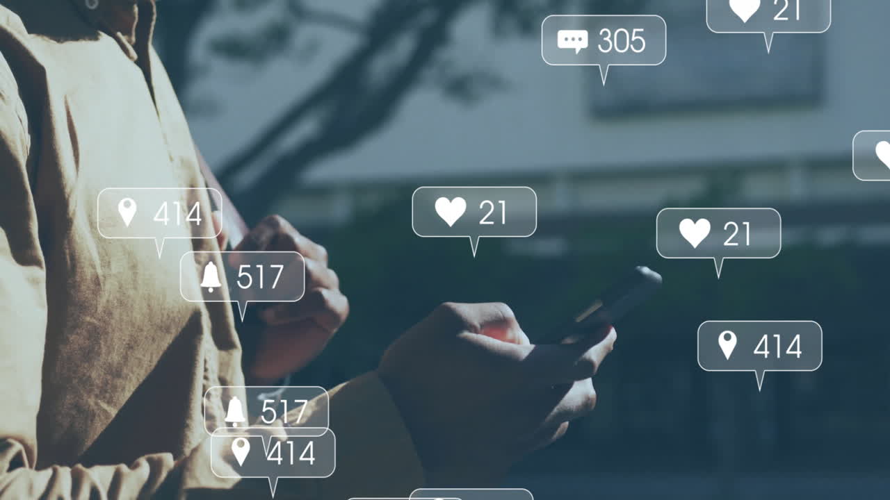 Animation of icons and data processing over african american man using smartphone