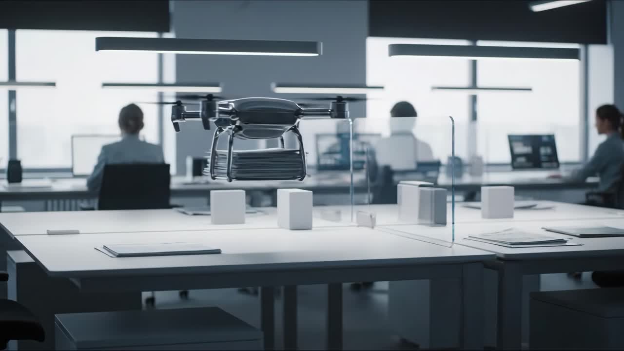 Drone Delivering Documents in Modern Office
