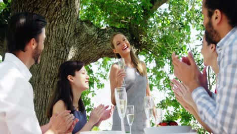 freunde beim mittagessen im freien applaudieren der frau