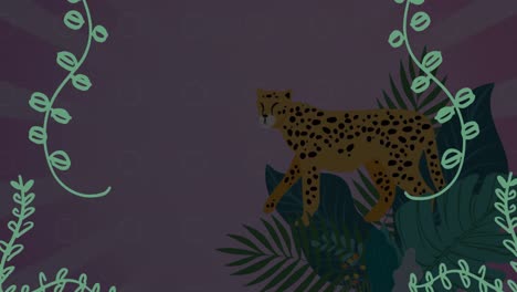animación de hojas de plantas sobre guepardos y plantas exóticas con espacio de copia sobre fondo oscuro