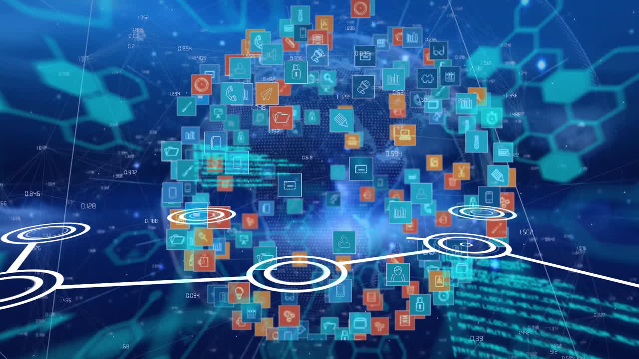 Animation of colorful icons and data processing over abstract blue background