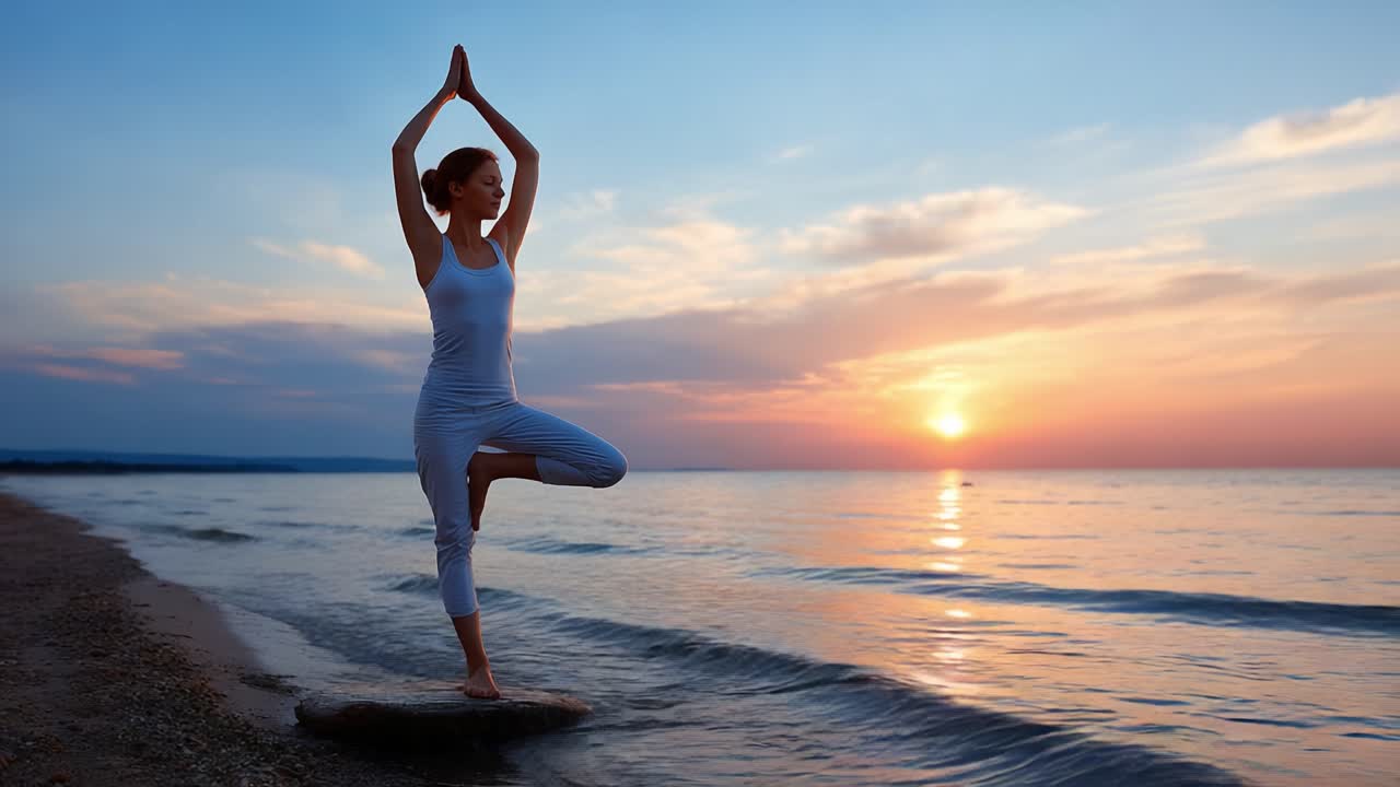 A Serene Sunset Yoga Practice: Embracing Balance and Calmness on the Seashore as the Sun Sets in a Tranquil Evening Sky