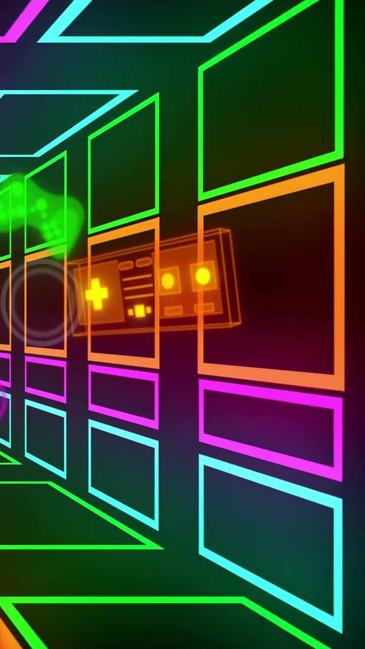 Video verticale: Corridoio al neon che genera icone a destra, pulsanti, che si spostano verso sinistra, formando un loop di gioco.