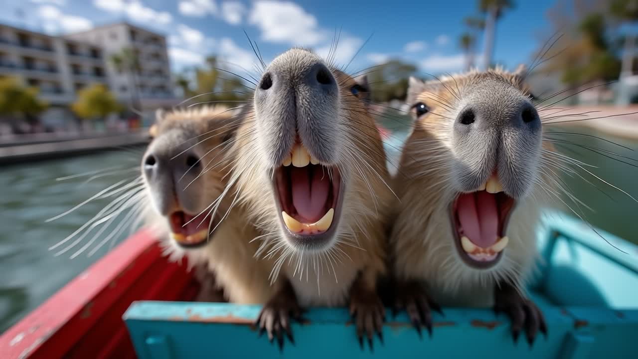 Três capivaras engraçadas com expressões faciais surpresas passeando em um barco azul na água durante o dia.