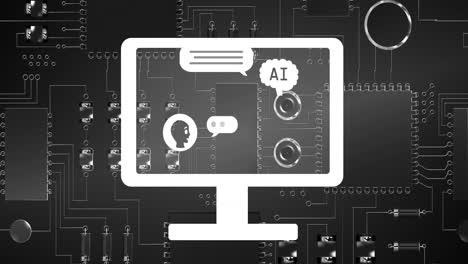 Animation-of-ai-text,-icons-and-data-processing-over-circuit-board