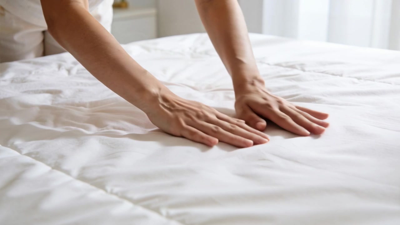 Entering frame, forearms and hands pressing, smoothing white tufted comforter on bed, preparing bed