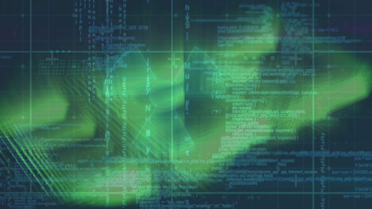 Animation of green shapes over data processing on navy background