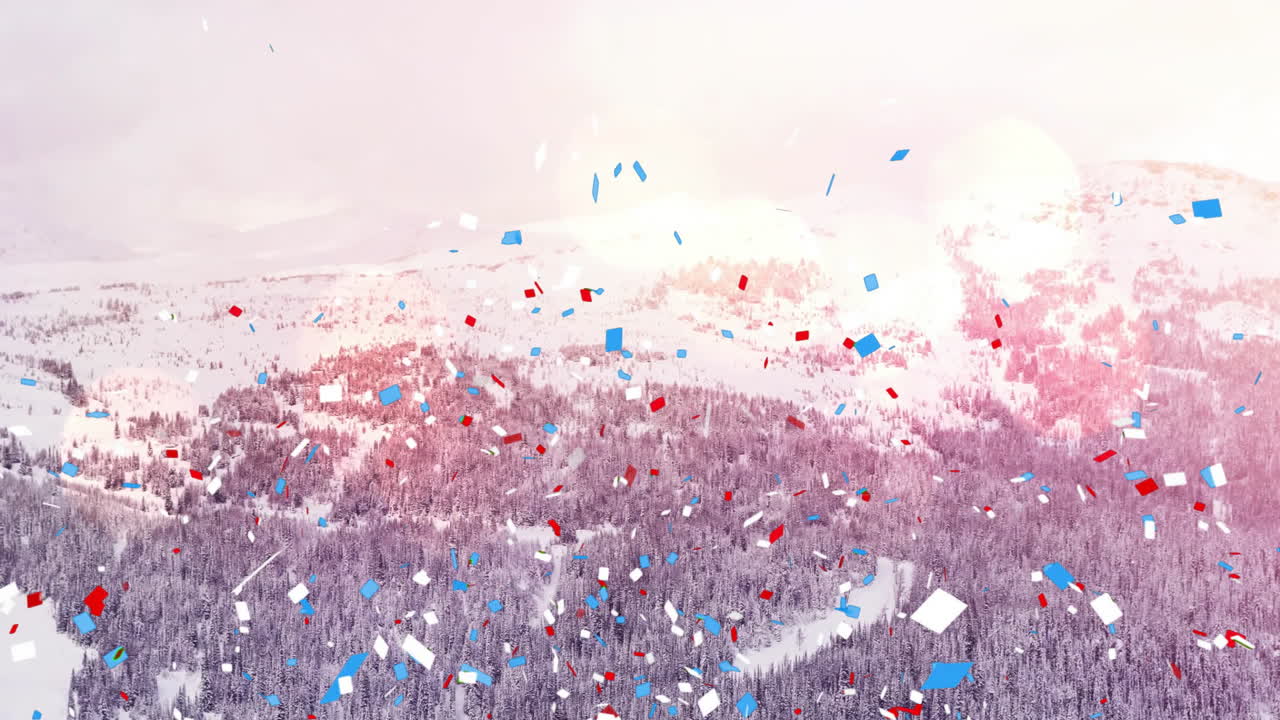 Red, blue, and white confetti animation over snowy mountain landscape