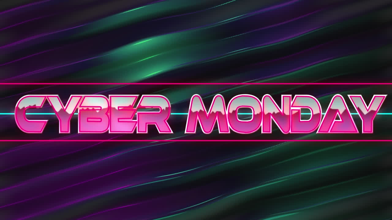 animación de una pancarta de texto de cyber monday contra rastros de luz de gradiente en un fondo negro