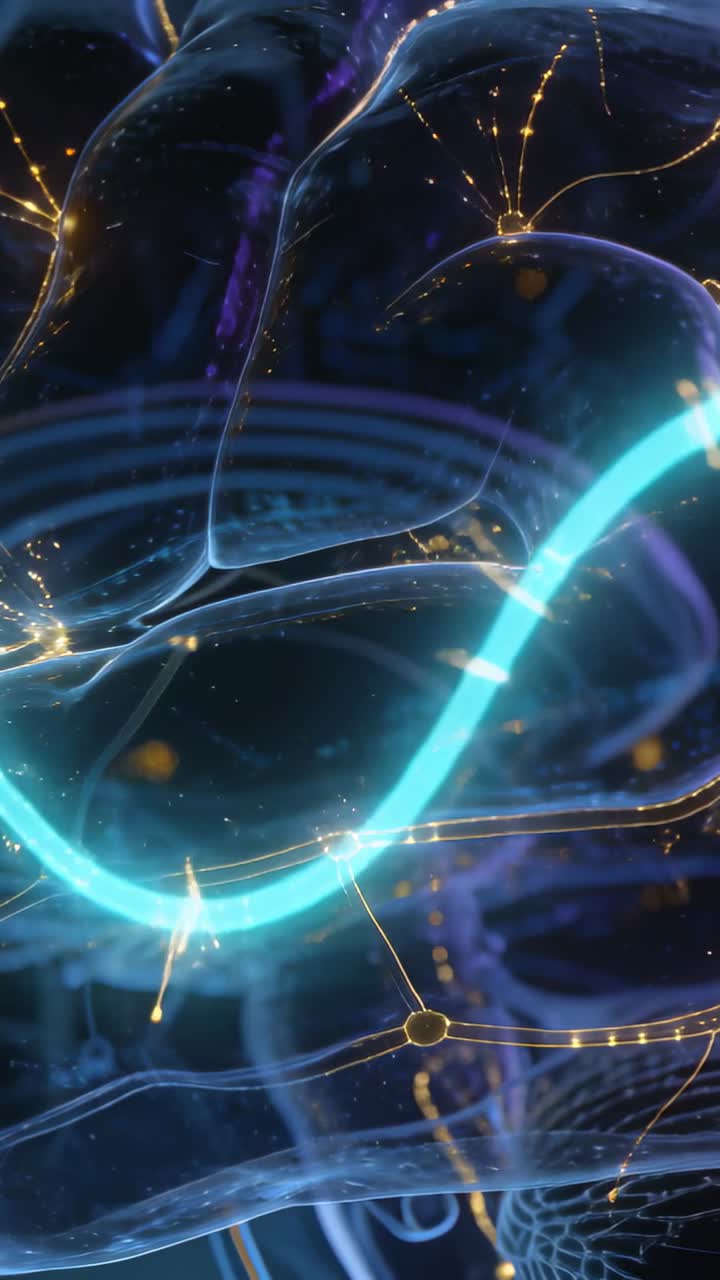 Video verticale: Entrando da sinistra, nastro ciano che ondeggia attraverso strati in micro-visione, illuminando nodi dorati.