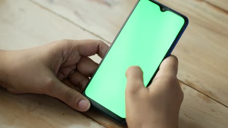 person holding smartphone with green screen