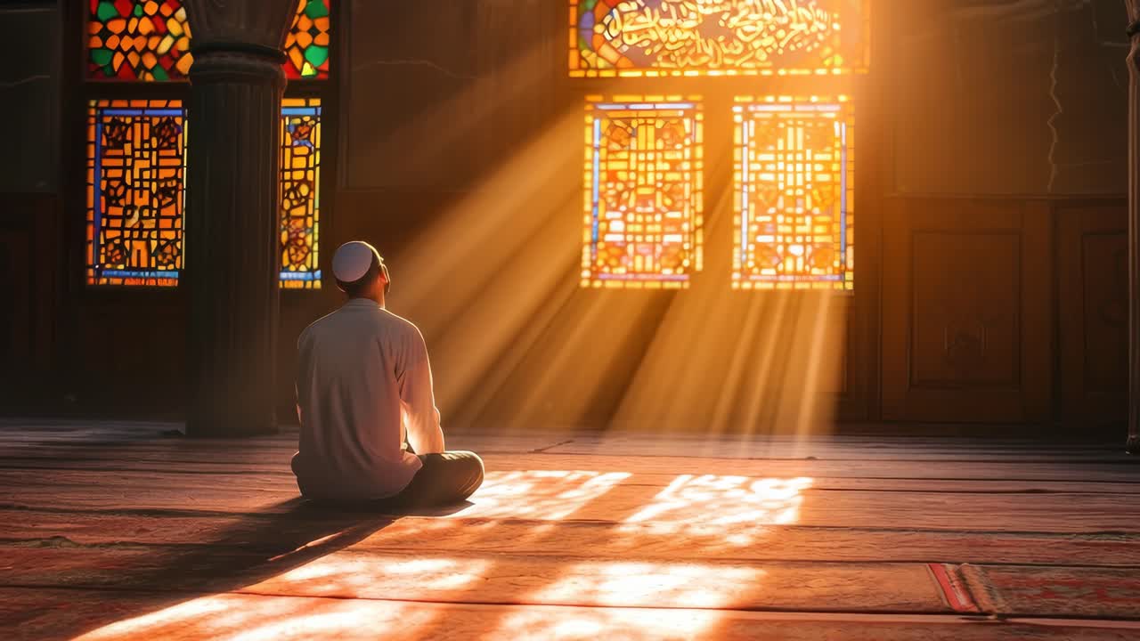 A serene video scene of a person praying in a mosque, captured from behind at eye level