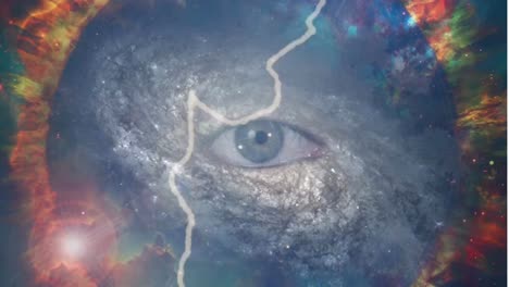 abstract multicolored graphic animation with central eye, lightning and rotating galaxy