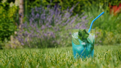 cóctel azul en un jardín
