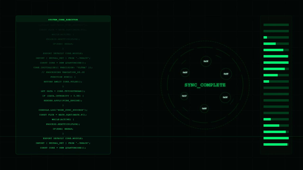 Futuristic Digital Interface Displaying System Code and Data Processing