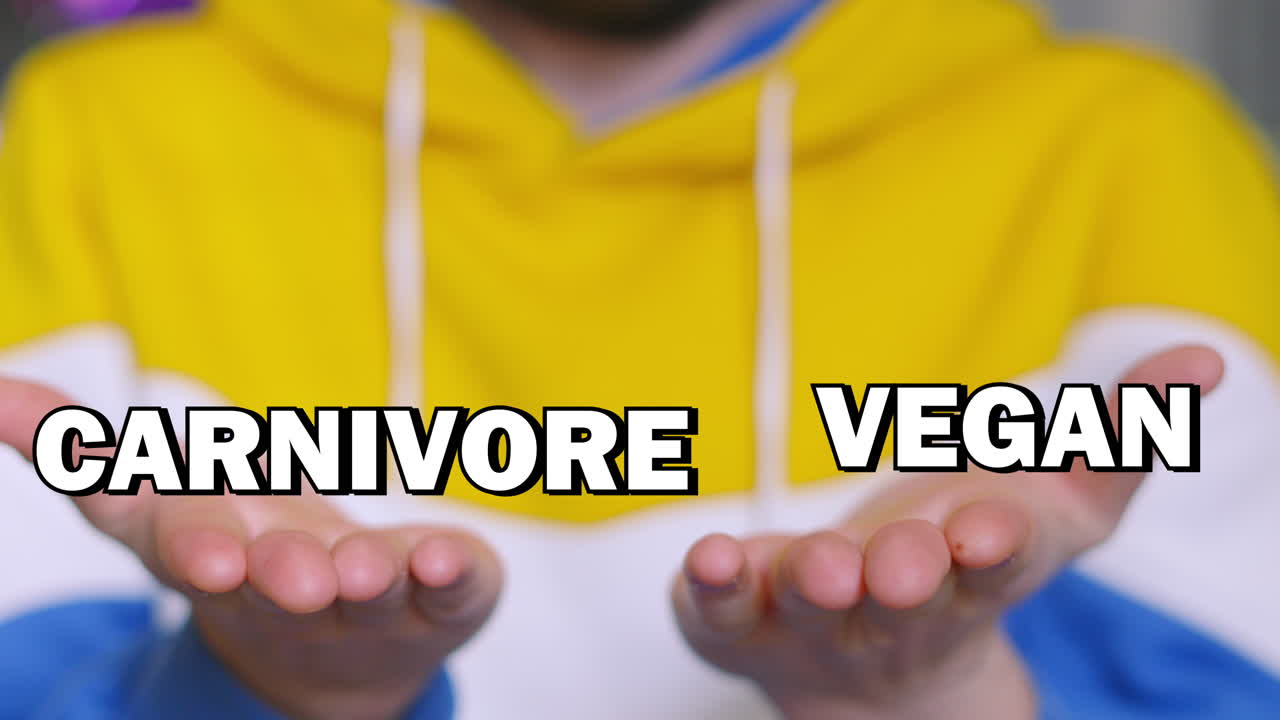 CARNIVORE VEGAN Choice Text Appearing on Male Hands and Tracking with Up and Down Movement. Visual Illustration of Two Options and Weighing Up Decision with Pros and Cons.