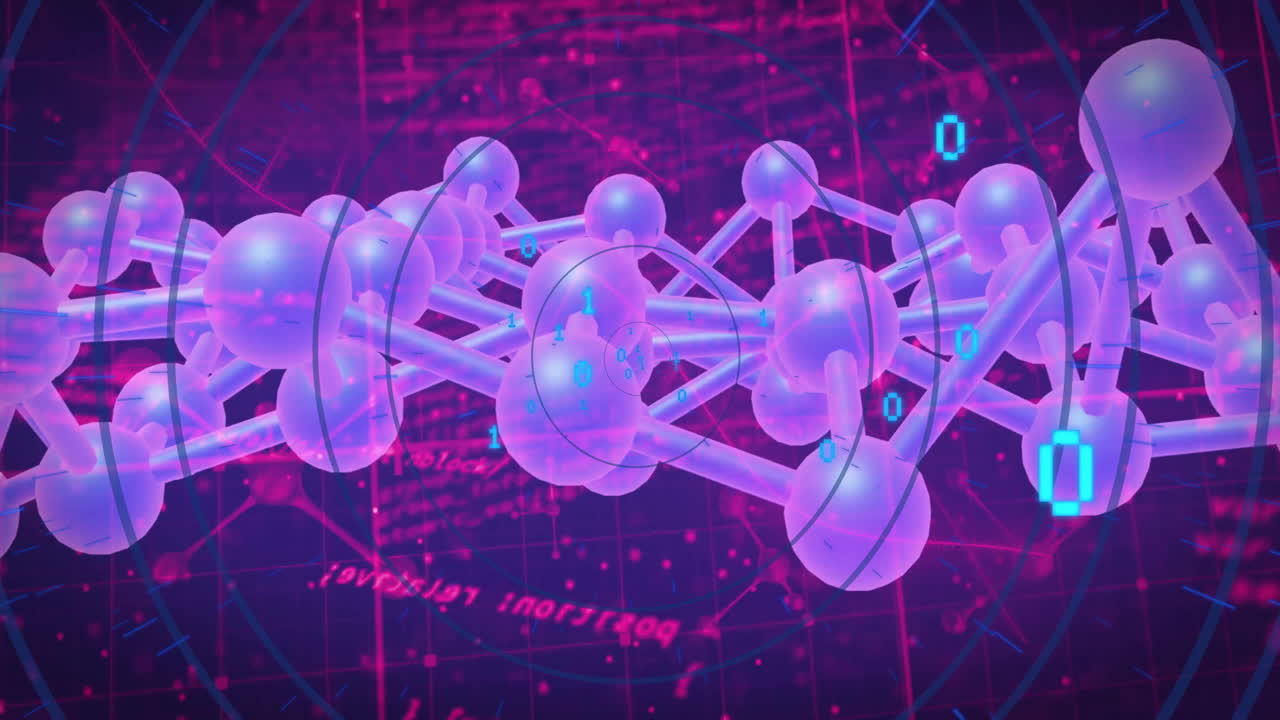Animation of molecular structure with digital data on purple and pink background