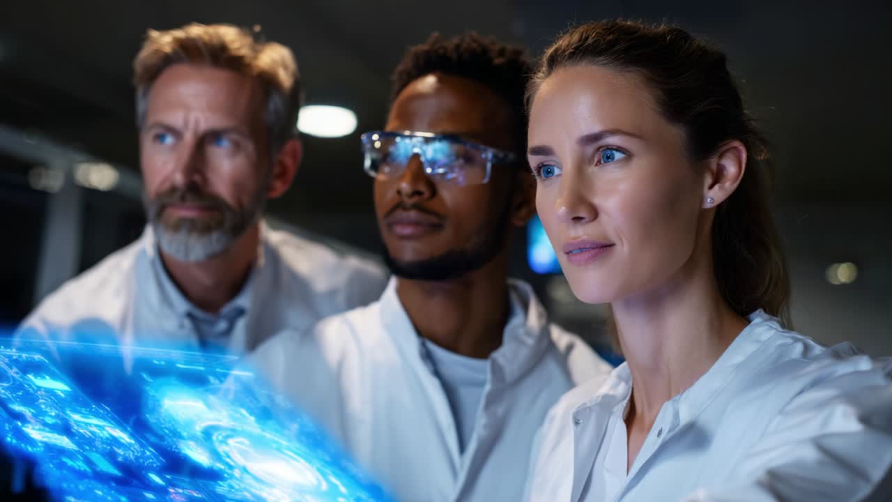 A group of scientists, intensely focused on digital displays, collaborate on groundbreaking research within a high-tech laboratory environment, showcasing innovation and teamwork in scientific exploration