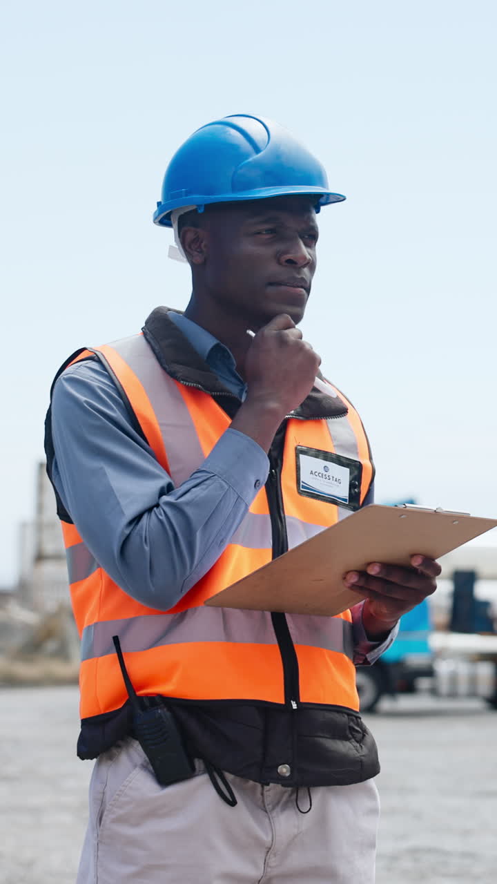 Focused Engineer in Hard Hat Writing on Clipboard at Industrial Site