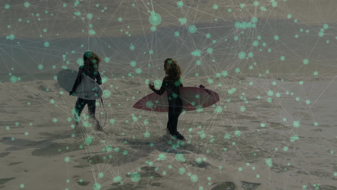 Surfers wading into ocean, displaying animated heart rate graph for health campaign