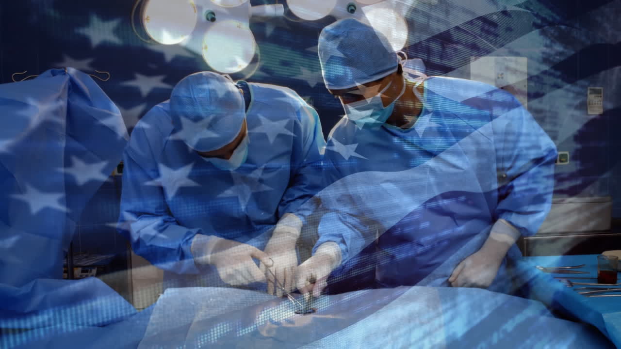 수술실 에서 외과 의사 들 위 에 흔들리는 미국 국기 의 애니메이션