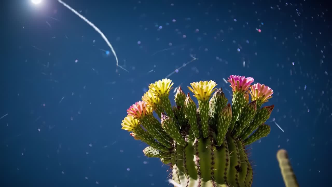 A Stunning Display of Blooming Cacti Under a Starry Sky with Shooting Stars Capturing the Beauty of Nature's Resilience and Wonder