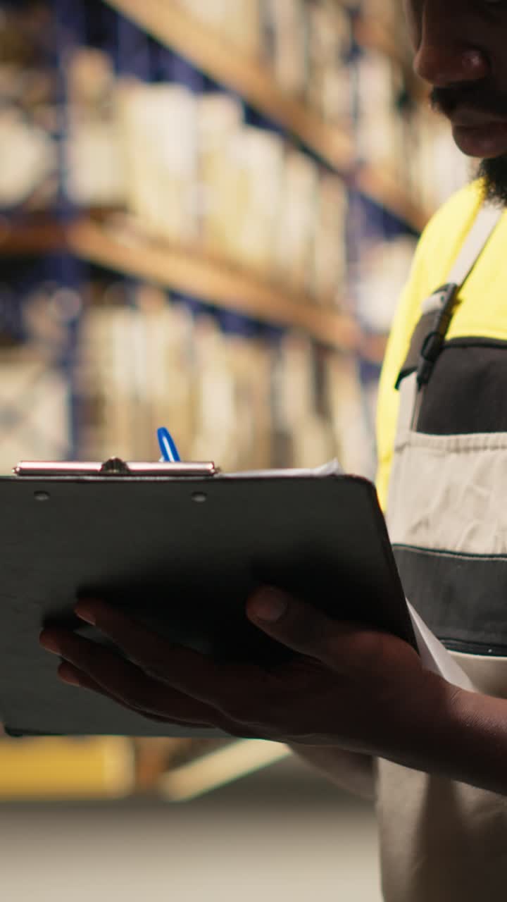 Vertical Video Male staff member applying adhesive shipping labels on boxes in industrial depot