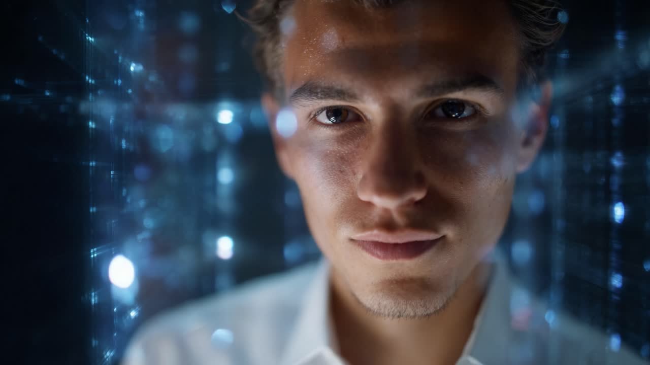 A young man gazes thoughtfully into a digital realm illuminated by glowing lights, embodying the blend of technology and human curiosity in a high-tech atmosphere
