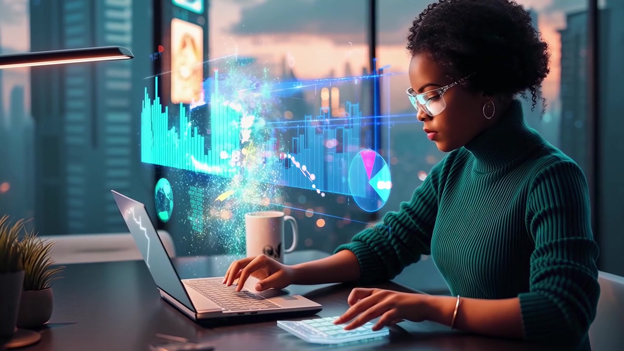 Young Woman Working on Laptop with Holographic Data Visualizations