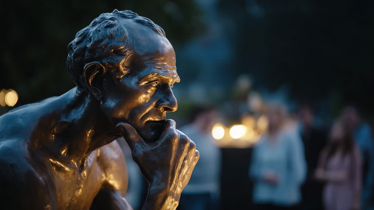Contemplative Bronze Sculpture: A Thought-Provoking Artwork Capturing the Essence of Human Reflection Amidst a Softly Lit Evening Scene