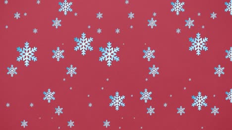 Animation-of-snowflakes-falling-on-red-background