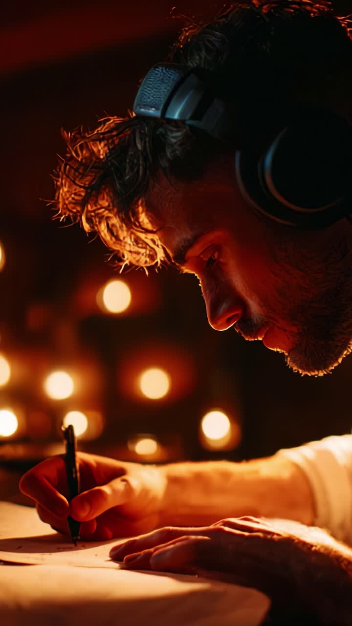 A focused artist immersed in creativity, sketching ideas on paper by candlelight, showcasing dedication, inspiration, and the beauty of artistic expression