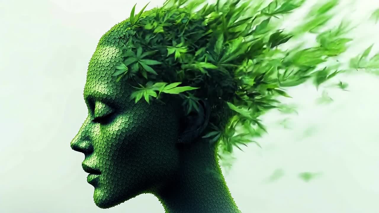 Nature-inspired woman art. A stylized representation of a woman's profile blending with lush green foliage, symbolizing harmony with nature.