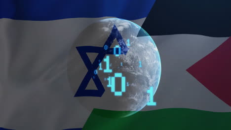 animation of binary coding and globe over flag of israel and palestine