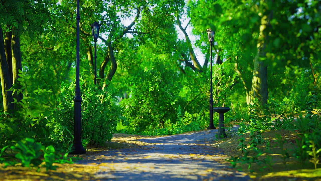 Pathway through a lush green park with street lamps and nature