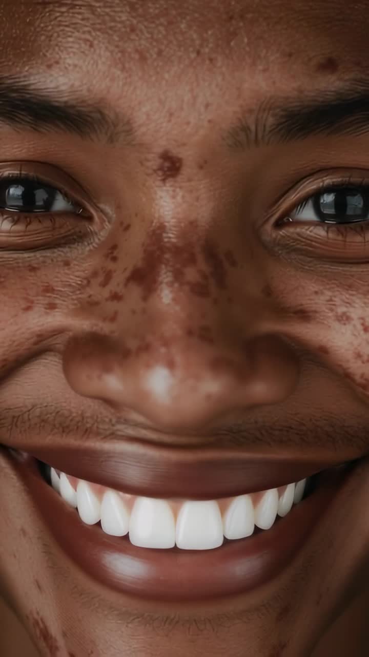 Vídeo vertical: reação para a câmera do rosto de um adolescente do sexo masculino abrindo a boca, sorrindo em close-up mostrando os dentes