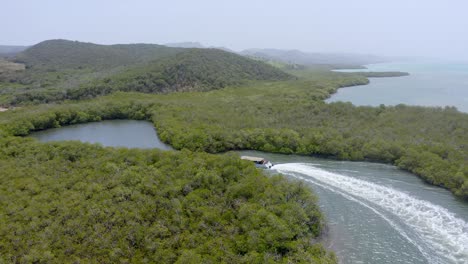 turismo en barco a lo largo de las orillas de las lagunas costeras rodeadas de bosques de manglares en el parque nacional de monte cristi en república dominicana