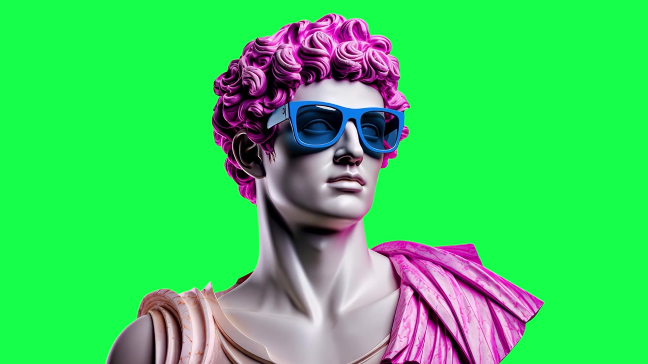 Busto di Statua Classica con Occhiali da Sole Blu su Green Screen
