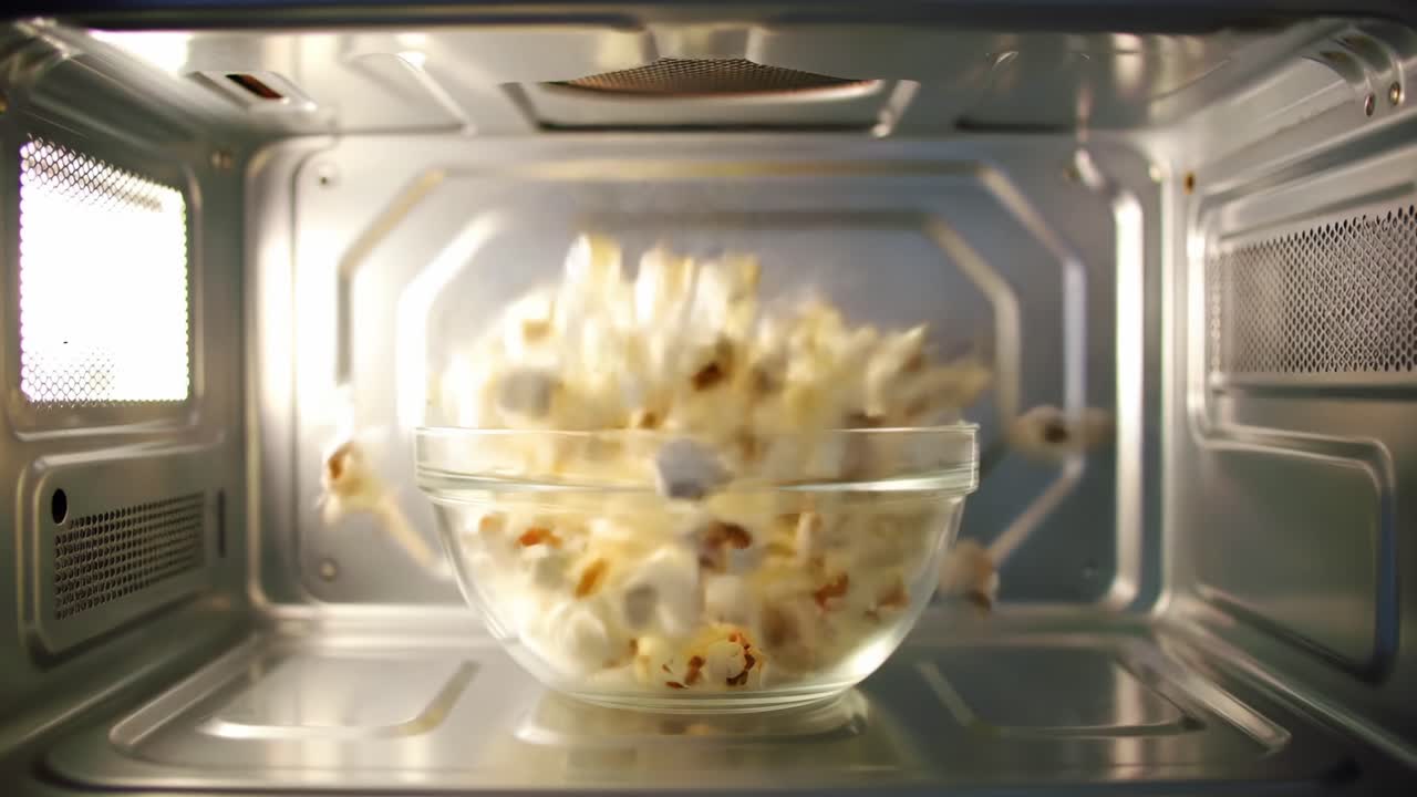 Guarda come i chicchi scoppiettano e si trasformano in soffice popcorn nel microonde, mostrando il divertimento e l'emozione di uno snack amato al cinema in azione