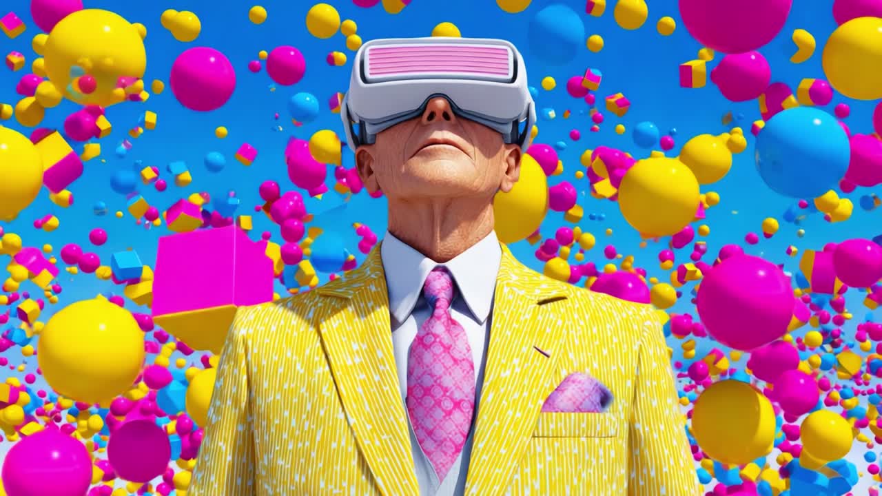 A man in a vibrant yellow suit and stylish tie experiences an immersive virtual reality environment while wearing cutting-edge VR goggles, surrounded by colorful geometric shapes floating in the air