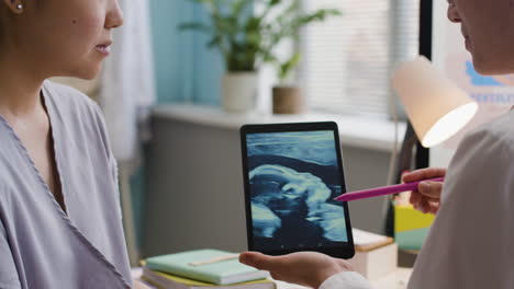 doctor showing ultrasound to pregnant patient