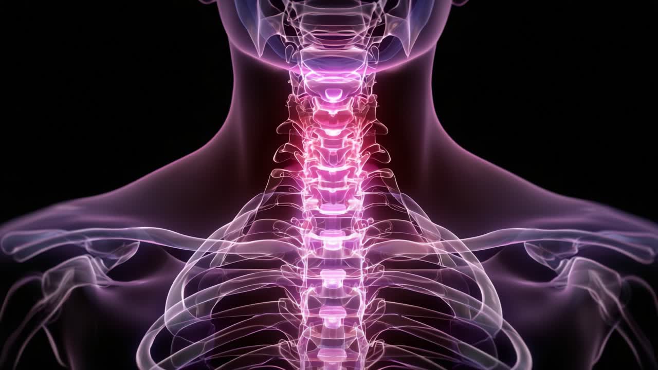 Una visualizzazione dettagliata della colonna vertebrale umana e della gabbia toracica che mostra strutture luminescenti a scopo educativo e scientifico.