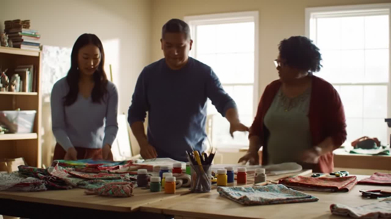 Three individuals collaborate in a vibrant workshop, focusing on textile art. They explore painting and fabric techniques while sharing ideas in a warm, inviting atmosphere.