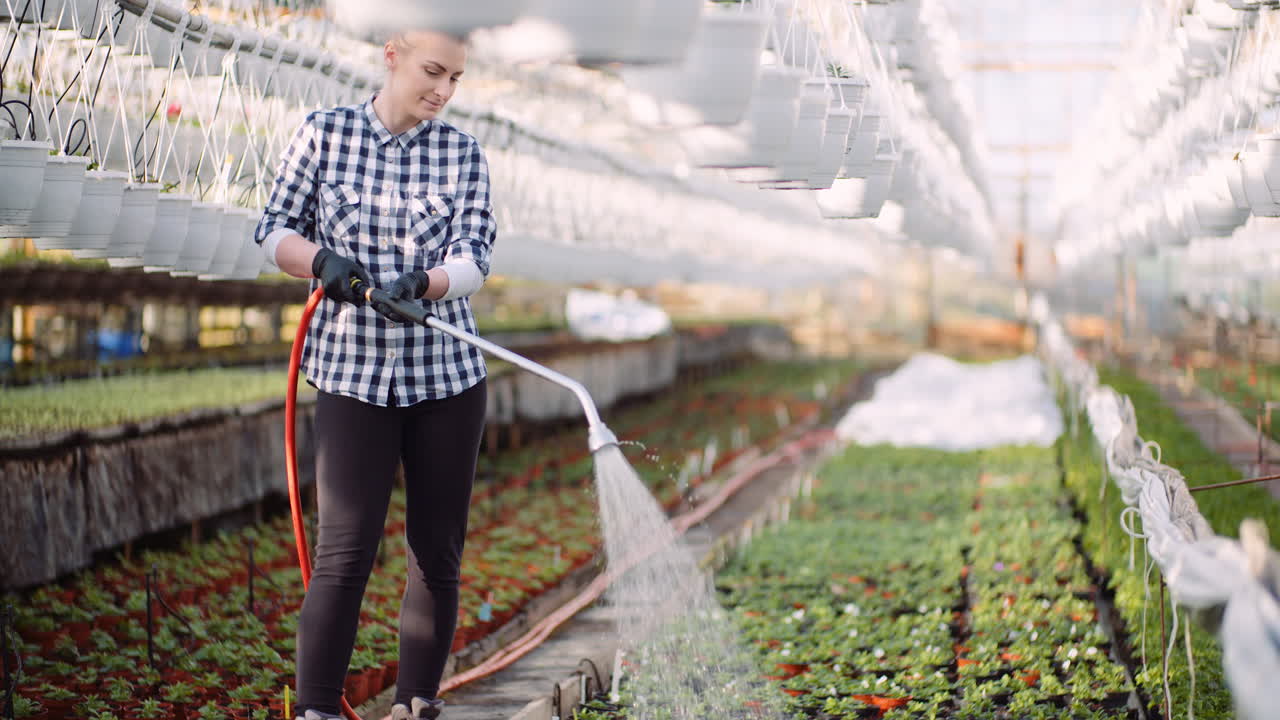 mujer jardinero regando flores plántulas 1