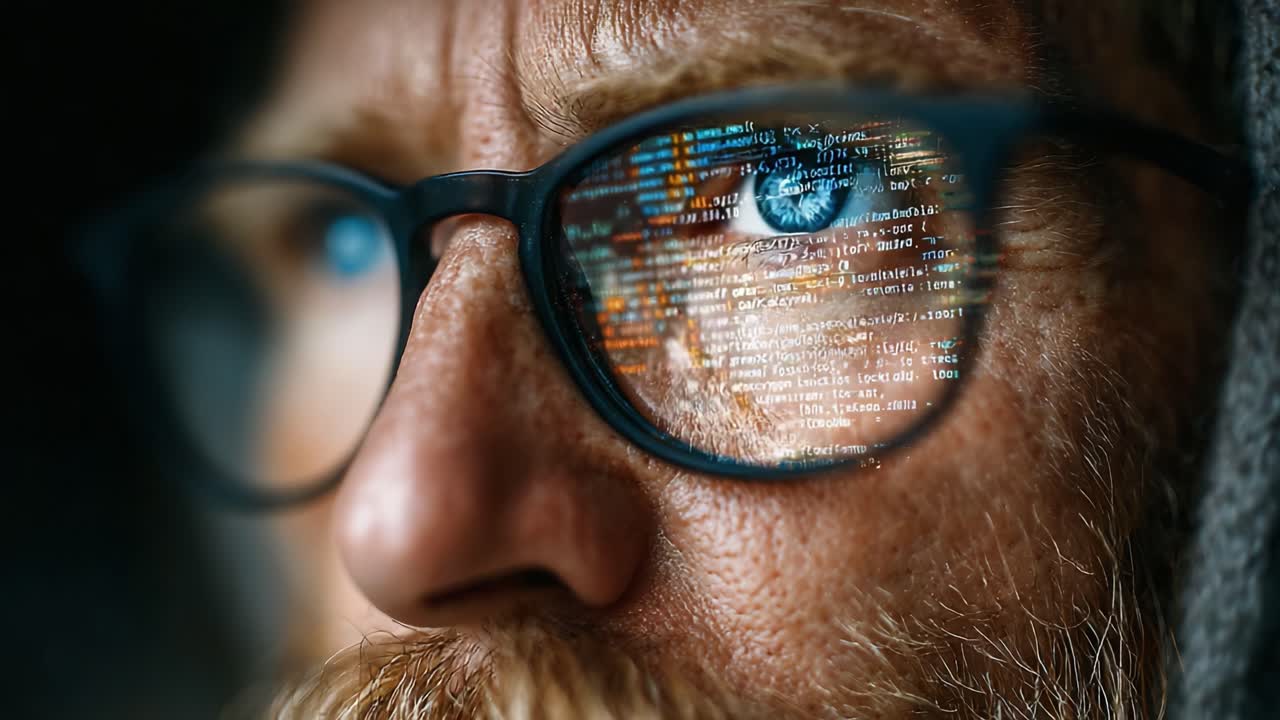A Close-Up View of a Programmer's Intense Focus as Lines of Code Reflect on His Glasses, Capturing the Essence of Modern Coding and Technology Engagement