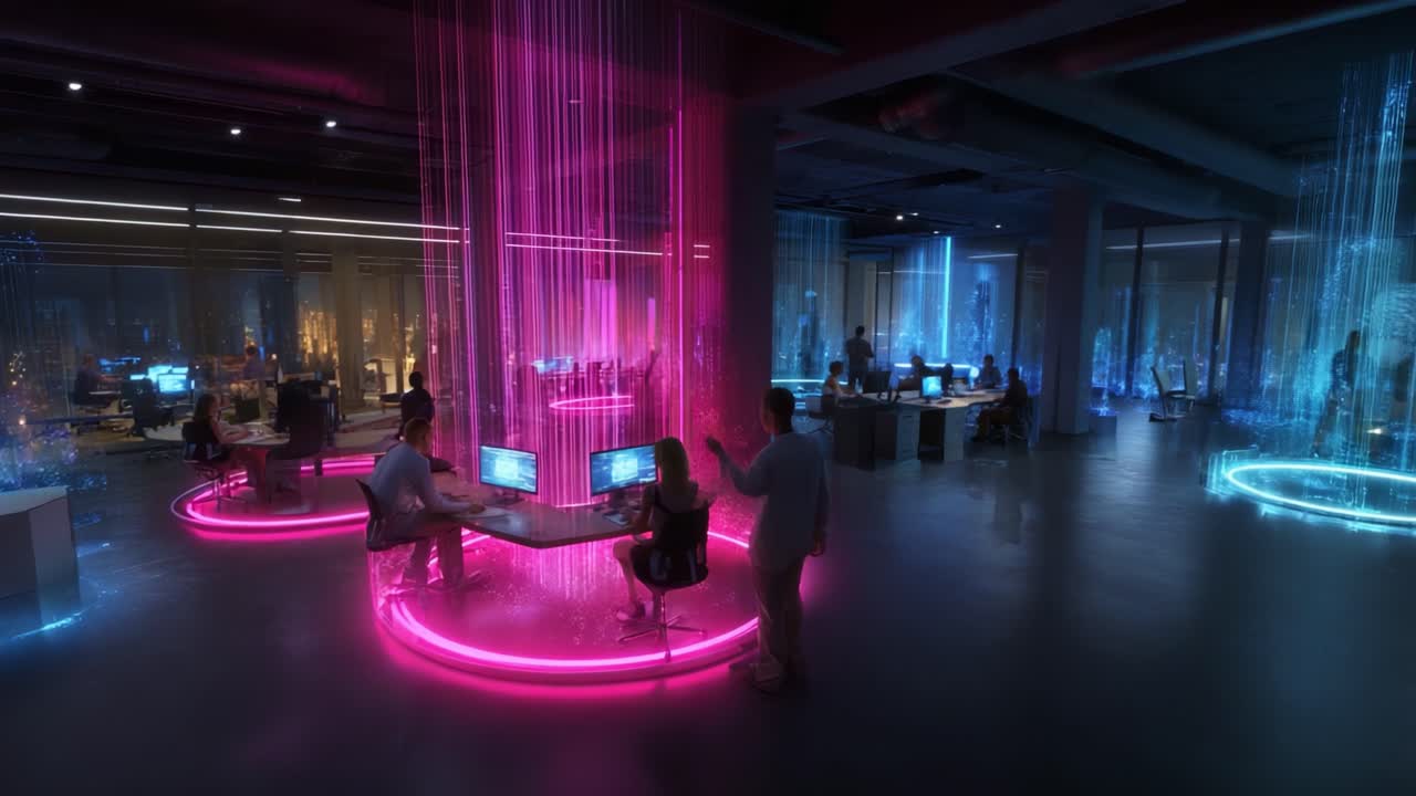 Futuristic Office Space: A Vibrant Workspace with Neon Lighting and High-Tech Workstations, Showcasing a Blend of Creativity and Modern Technology in a Collaborative Environment