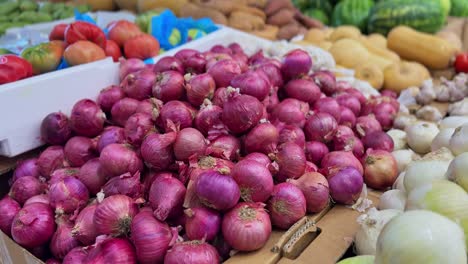 a colorful mix of red and white onions stacked in cardboard boxes at a vibrant market. perfect for culinary, farming, or grocery-related content. captured in ultra-sharp 4k quality.