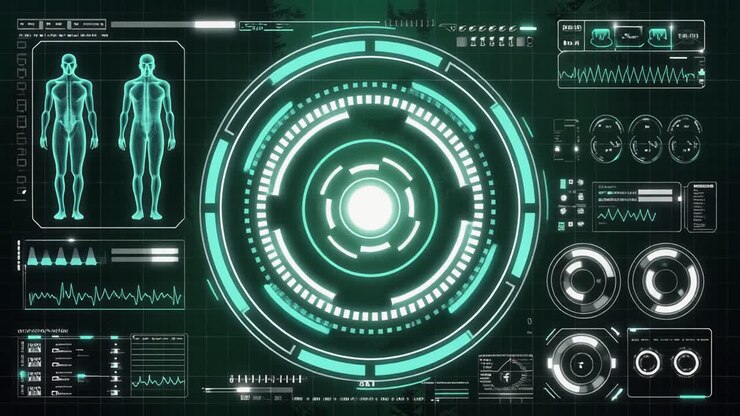 Interfaccia Utente Medica Futuristica che Visualizza Dati di Anatomia Umana